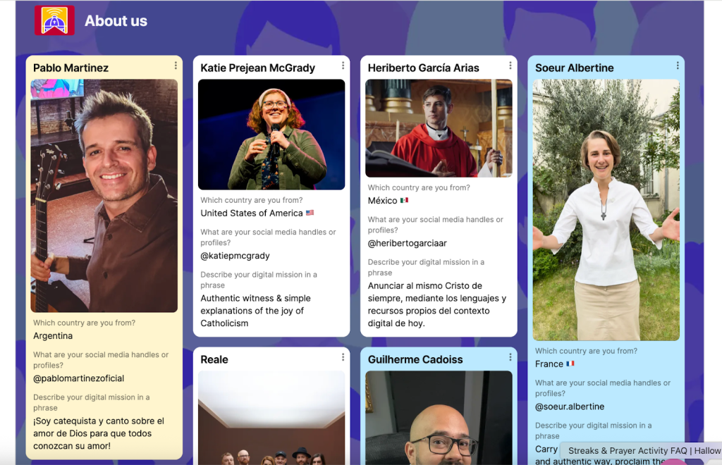 Screenshot from the Jubilee of Digital Missionaries and Catholic Influencers webpage. Listing profiles of Pablo Martinez, Katie Prejean McGrady, Heribero Garía Arias, and Soeur Albertine.